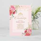 Quinceañera Pink Floral Gold Kaart (Staand voorkant)