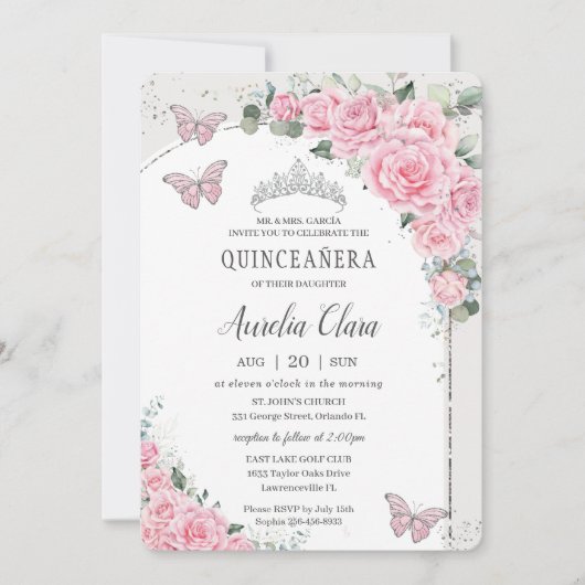 Quinceañera Pink Floral Princess 15 Años Butterfly Kaart (Voorkant)