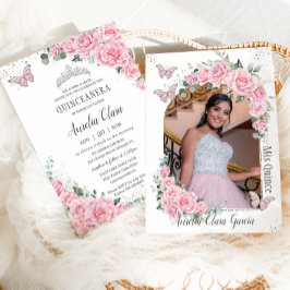 Quinceañera Pink Floral Princess Butterflies Foto Kaart