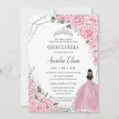 Quinceañera Pink Floral Princess Silver Birthday Kaart (Voorkant)