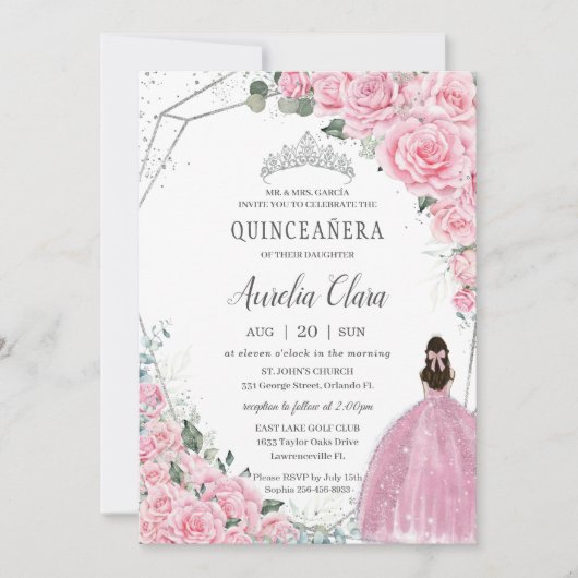 Quinceañera Pink Floral Princess Silver Birthday Kaart (Voorkant)