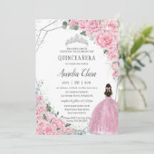 Quinceañera Pink Floral Princess Silver Birthday Kaart (Staand voorkant)