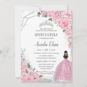 Quinceañera Pink Floral Princess Silver Birthday Kaart