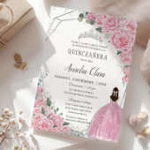 Quinceañera Pink Floral Princess Silver Birthday Kaart