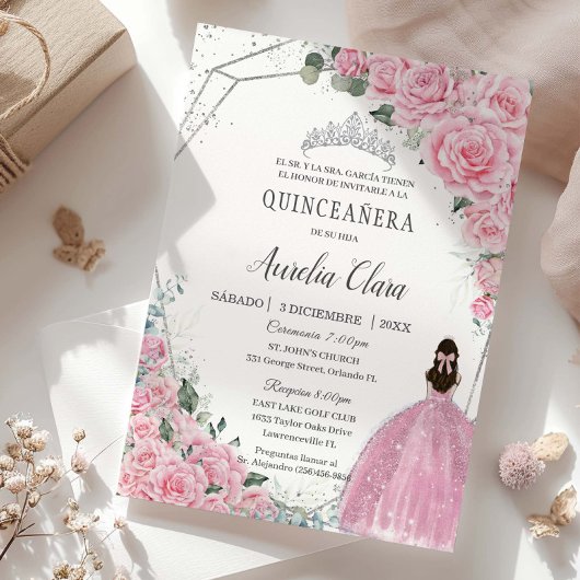 Quinceañera Pink Floral Princess Silver Birthday Kaart