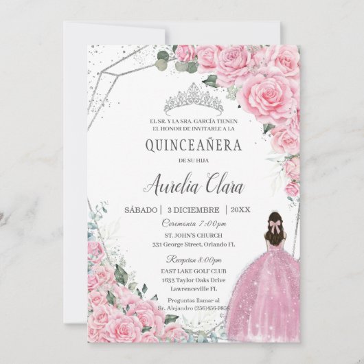 Quinceañera Pink Floral Princess Silver Birthday Kaart (Voorkant)