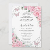 Quinceañera Pink Floral Princess Silver Butterfly Kaart (Voorkant)