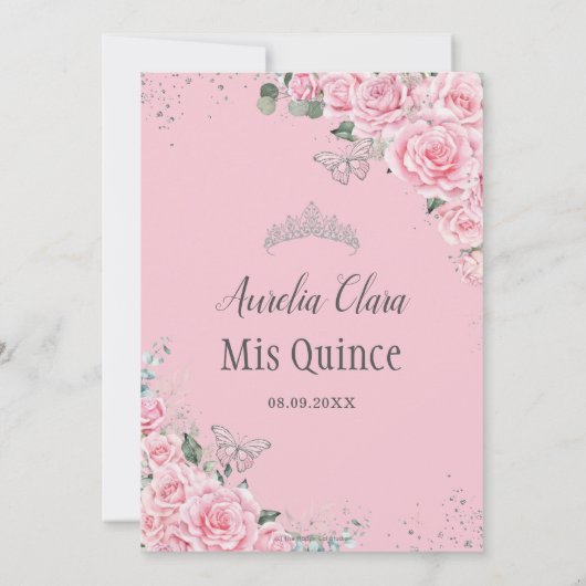 Quinceañera Pink Floral Princess Silver Butterfly Kaart (Achterkant)