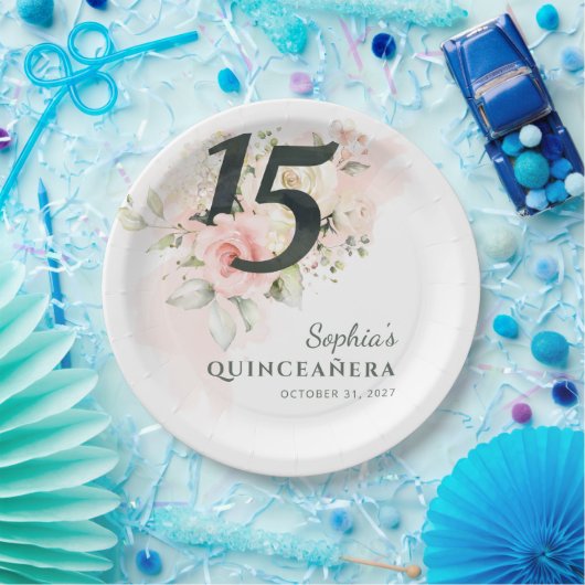 Quinceanera Pink Floral Rustic 15e verjaardag Papieren Bordje (Feest)