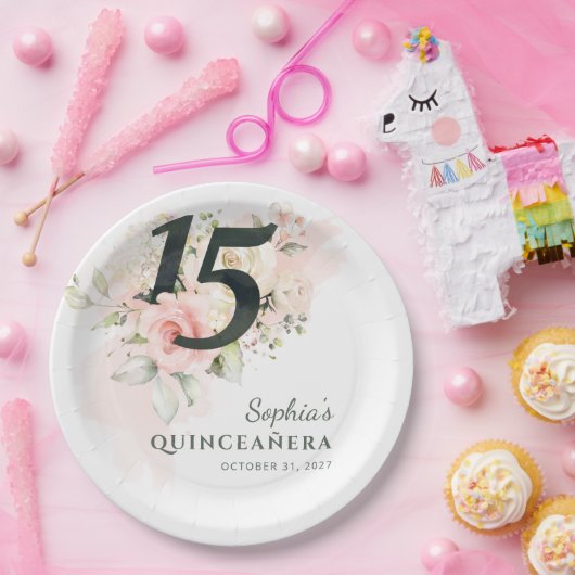 Quinceanera Pink Floral Rustic 15e verjaardag Papieren Bordje (Feest)