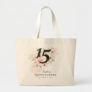 Quinceanera Pink Floral Rustic 15th Birthday Grote Tote Bag