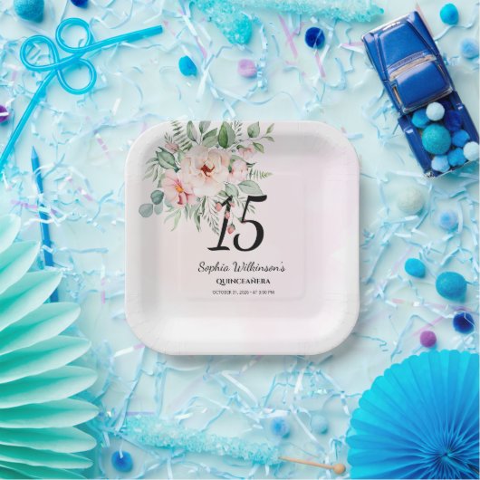 Quinceanera Pink Floral Rustic 15th Birthday Papieren Bordje (Feest)