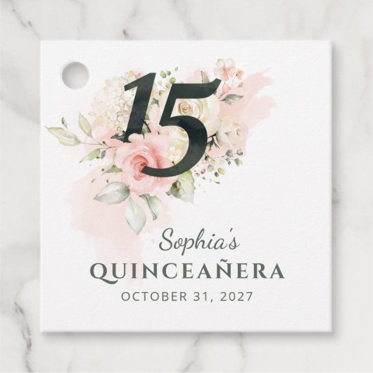 Quinceanera Pink Floral Rustic Blush 15th Birthday Bedankjes Labels (Voorkant)