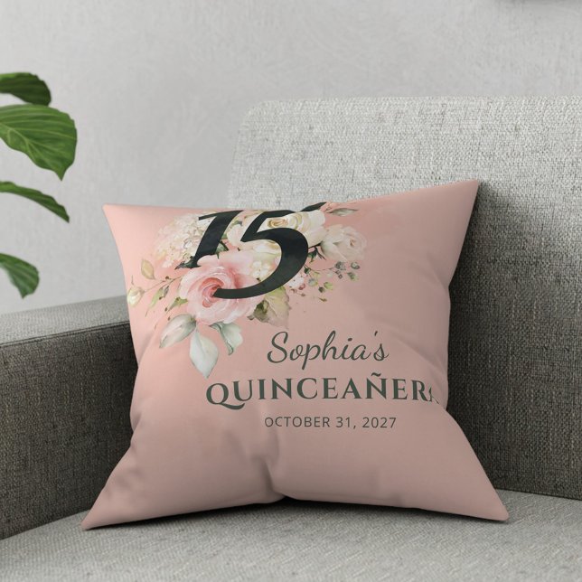 Quinceanera Pink Floral Rustic Blush 15th Birthday Kussen (Floral Quinceanera Modern 15th Birthday Throw Pillow)