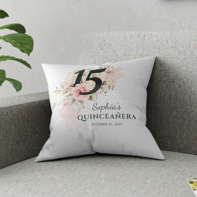 Quinceanera Pink Floral Rustic Blush 15th Birthday Kussen (15th Birthday Quinceanera Pink Floral Throw Pillow)