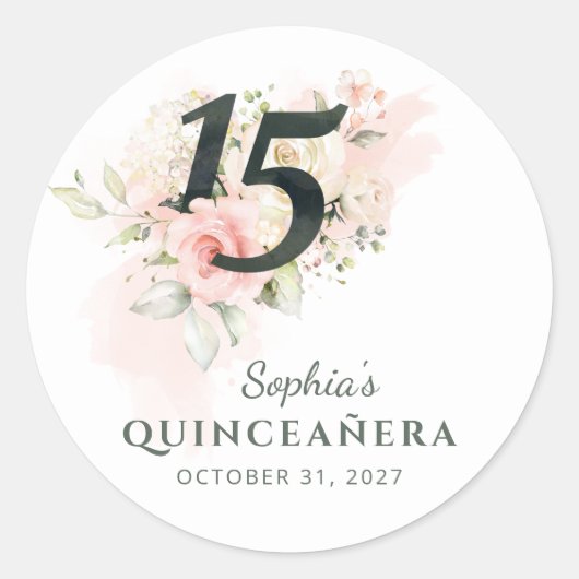 Quinceanera Pink Floral Rustic Blush 15th Birthday Ronde Sticker (Voorkant)