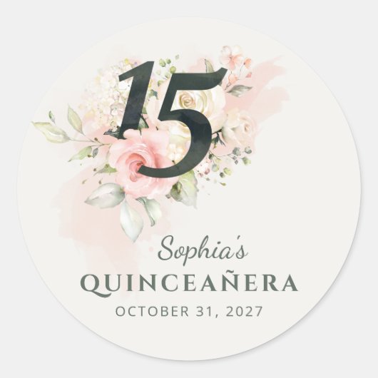 Quinceanera Pink Floral Rustic Blush 15th Birthday Ronde Sticker (Voorkant)