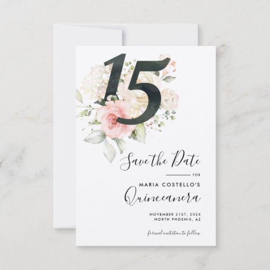 Quinceanera Pink Floral Save the Date Aankondiging (Voorkant)