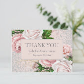 Quinceañera Pink Floral Silver Glitter Hartelijk d Bedankkaart (Staand voorkant)