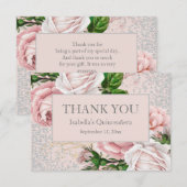 Quinceañera Pink Floral Silver Glitter Hartelijk d Bedankkaart (Voorkant / Achterkant)