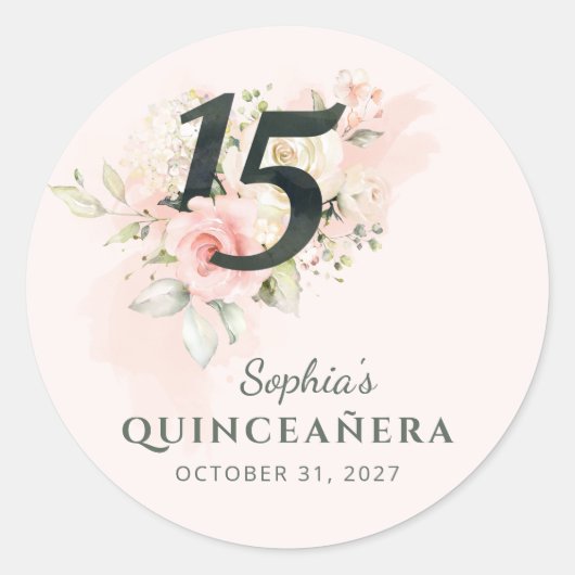 Quinceanera Pink Floral Waterverf 15e verjaardag Ronde Sticker (Voorkant)