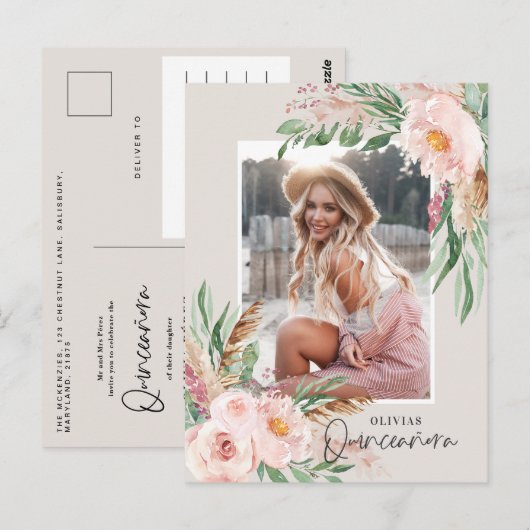 Quinceañera Pink girly bloemetjes verjaardag Uitno Briefkaart (Voorkant / Achterkant)