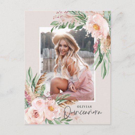Quinceañera Pink girly bloemetjes verjaardag Uitno Briefkaart (Voorkant)
