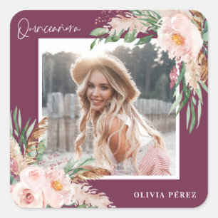 Quinceañera Pink girly florale foto Squar Vierkante Sticker