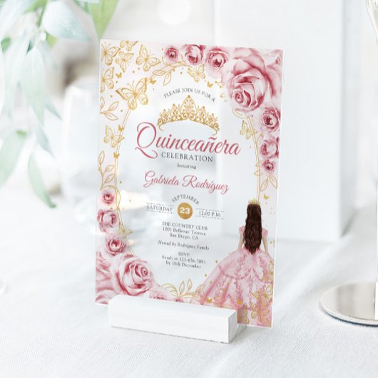 Quinceanera Pink Gold Floral Acryl Uitnodigingen