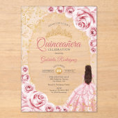 Quinceanera Pink Gold Floral Acryl Uitnodigingen (Voorkant)