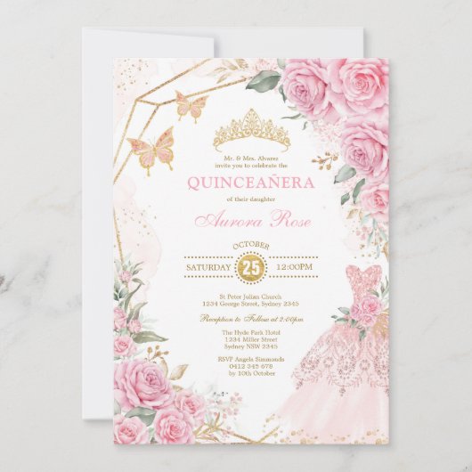  Quinceañera Pink Gold Rozen Quince Princess Kaart (Voorkant)