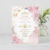  Quinceañera Pink Gold Rozen Quince Princess Kaart (Staand voorkant)