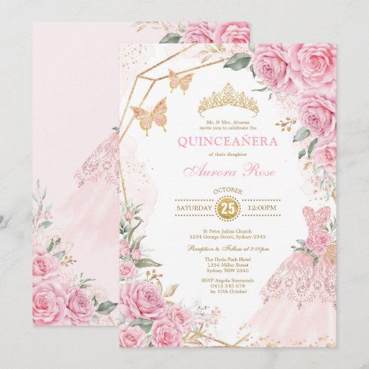  Quinceañera Pink Gold Rozen Quince Princess Kaart (Voorkant / Achterkant)