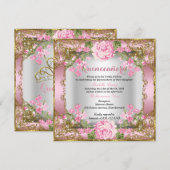 Quinceanera Pink  Land Floral Gold 2 Kaart (Voorkant / Achterkant)