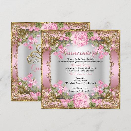 Quinceanera Pink  Land Floral Gold 2 Kaart (Voorkant / Achterkant)