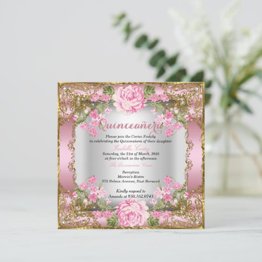 Quinceanera Pink  Land Floral Gold 2 Kaart (Staand voorkant)