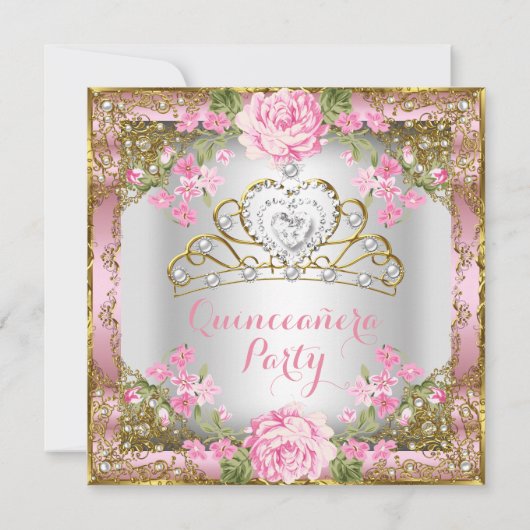 Quinceanera Pink  Land Floral Gold 2 Kaart (Achterkant)