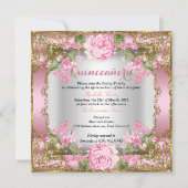 Quinceanera Pink  Land Floral Gold 2 Kaart (Voorkant)