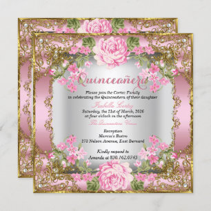 Quinceanera Pink  Land Floral Gold 2 Kaart