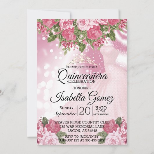 Quinceañera Pink Mauve Gown en bloemen Kaart (Voorkant)