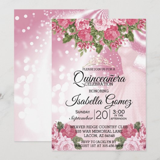 Quinceañera Pink Mauve Gown en bloemen Kaart (Voorkant / Achterkant)