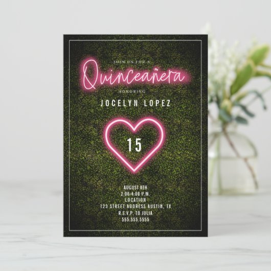 Quinceañera Pink Neon Lights Boxwood Heart Kaart (Staand voorkant)