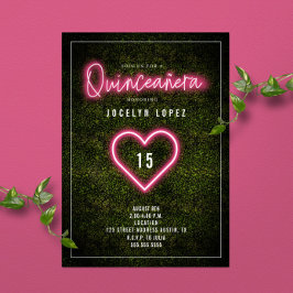 Quinceañera Pink Neon Lights Boxwood Heart Kaart