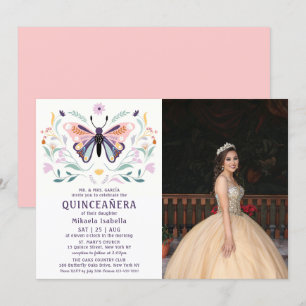 Quinceañera Pink Paars Butterfly Foto Floral Kaart