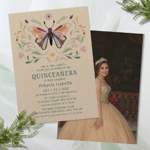 Quinceañera Pink Paars Butterfly Foto Floral Kaart