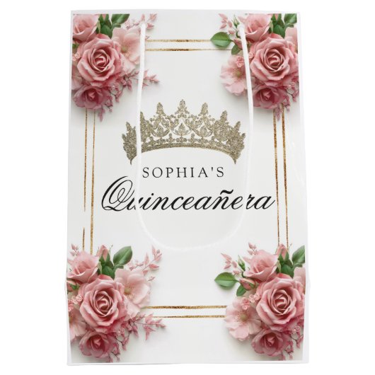 Quinceañera Pink Rose Crown Verjaardagsgunsten Medium Cadeauzakje (Achterkant)