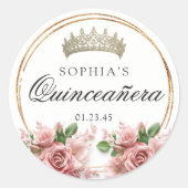 Quinceañera Pink Rose Crown Verjaardagsgunsten Ronde Sticker (Voorkant)
