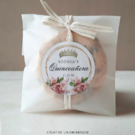 Quinceañera Pink Rose Crown Verjaardagsgunsten Ronde Sticker