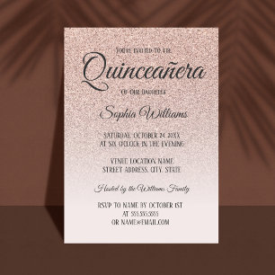 Quinceanera Pink Rose Gold Glitter 15th Birthday Kaart