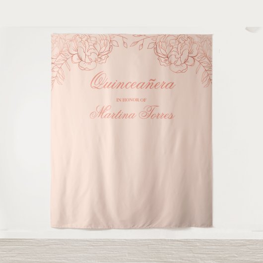 Quinceanera Pink Rose Gold Photo Booth Backdrop Wandkleed (Voorkant)